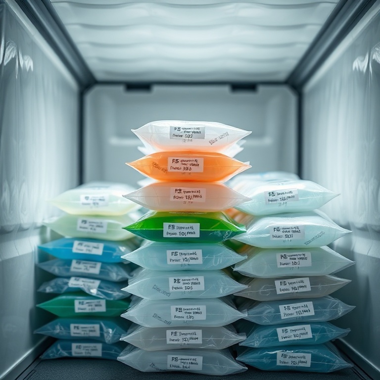 A close-up, highly detailed shot of various advanced medical gel packs in different sizes and colors, stacked neatly within an insulated pharmaceutical shipping container. The gel packs show subtle textures and branding, with labels indicating specific phase change temperatures like +5°C, -20°C, and +25°C. The background is slightly blurred, showing elements of a sterile, controlled laboratory or warehouse environment, with soft, diffused lighting highlighting the professional and technical nature of the products. The mood is precise and reliable, ultra realistic, highly detailed, 8k quality, photorealistic