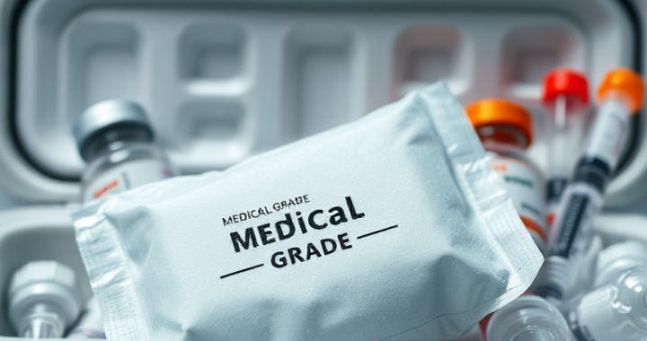 A close-up, highly detailed shot of a medical-grade ice pack alongside various pharmaceutical vials and syringes, neatly arranged within a specialized insulated cooler. The ice pack has a visible label indicating 'Medical Grade' and 'Phase Change Material', with a frosty appearance. The background shows a subtle, blurred laboratory or cleanroom environment, emphasizing the precision and care required for drug storage. The lighting is crisp and clean, highlighting the smooth textures of the vials and the robust design of the cooler. The overall mood is serious and professional, emphasizing the importance of temperature control and the hidden dangers averted by these tools, ultra realistic, highly detailed, 8k quality, photorealistic