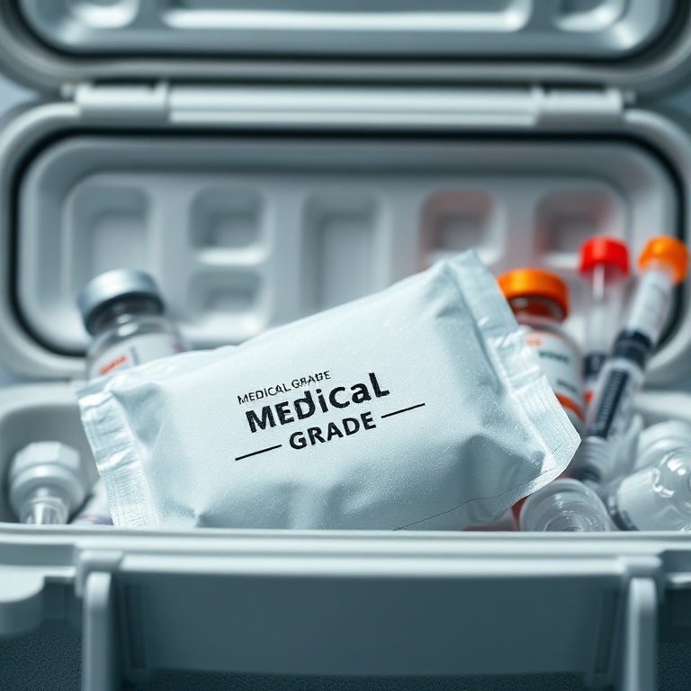 A close-up, highly detailed shot of a medical-grade ice pack alongside various pharmaceutical vials and syringes, neatly arranged within a specialized insulated cooler. The ice pack has a visible label indicating 'Medical Grade' and 'Phase Change Material', with a frosty appearance. The background shows a subtle, blurred laboratory or cleanroom environment, emphasizing the precision and care required for drug storage. The lighting is crisp and clean, highlighting the smooth textures of the vials and the robust design of the cooler. The overall mood is serious and professional, emphasizing the importance of temperature control and the hidden dangers averted by these tools, ultra realistic, highly detailed, 8k quality, photorealistic