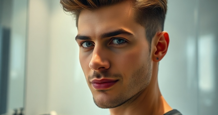 A man with stylish, perfectly sculpted hair, looking confident and fresh. The hair is neatly styled with a natural, non-greasy finish. He is in a modern, well-lit bathroom, with a gel product bottle visible on the counter. The overall mood is clean, sophisticated, and aspirational. Cinematic atmosphere, ultra realistic, highly detailed, 8k quality, photorealistic