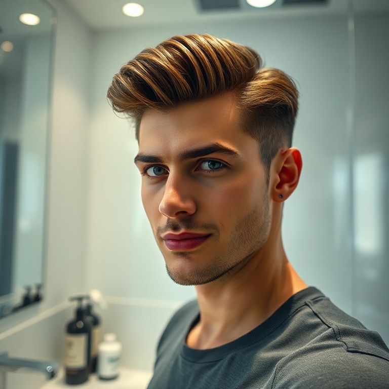 A man with stylish, perfectly sculpted hair, looking confident and fresh. The hair is neatly styled with a natural, non-greasy finish. He is in a modern, well-lit bathroom, with a gel product bottle visible on the counter. The overall mood is clean, sophisticated, and aspirational. Cinematic atmosphere, ultra realistic, highly detailed, 8k quality, photorealistic