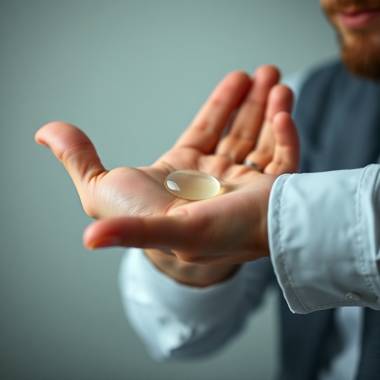 Close-up of a man's hand applying a small amount of clear hair gel onto his palm, ready to be warmed. The background is sligh