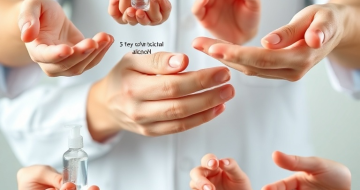 A close-up, step-by-step illustration of a person demonstrating the 7-step hand sanitizing technique using alcohol gel. Each step is clearly depicted with hands in different positions, showing gel being rubbed on palms, backs of hands, between fingers, around thumbs, and fingertips. The background is clean and clinical, with soft, natural lighting, focusing on the hands and the gel. Educational, clear, detailed, photorealistic, 8k quality.