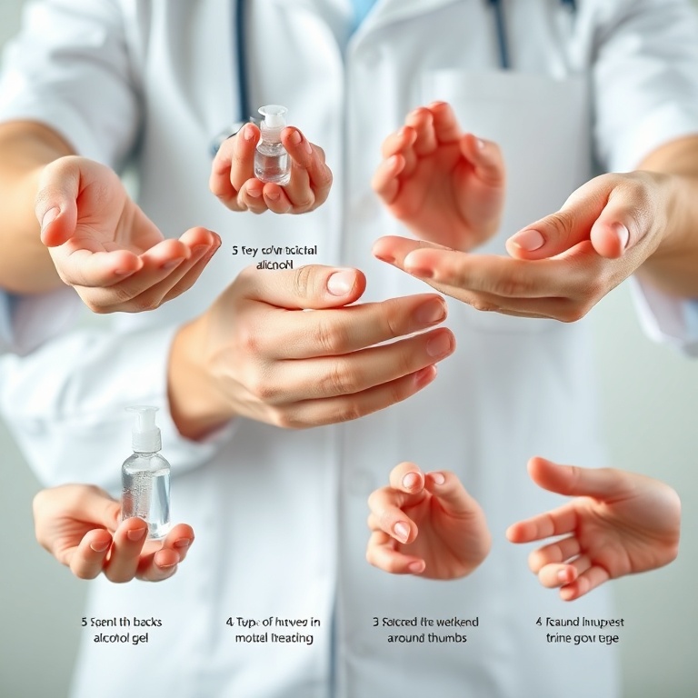 A close-up, step-by-step illustration of a person demonstrating the 7-step hand sanitizing technique using alcohol gel. Each step is clearly depicted with hands in different positions, showing gel being rubbed on palms, backs of hands, between fingers, around thumbs, and fingertips. The background is clean and clinical, with soft, natural lighting, focusing on the hands and the gel. Educational, clear, detailed, photorealistic, 8k quality.