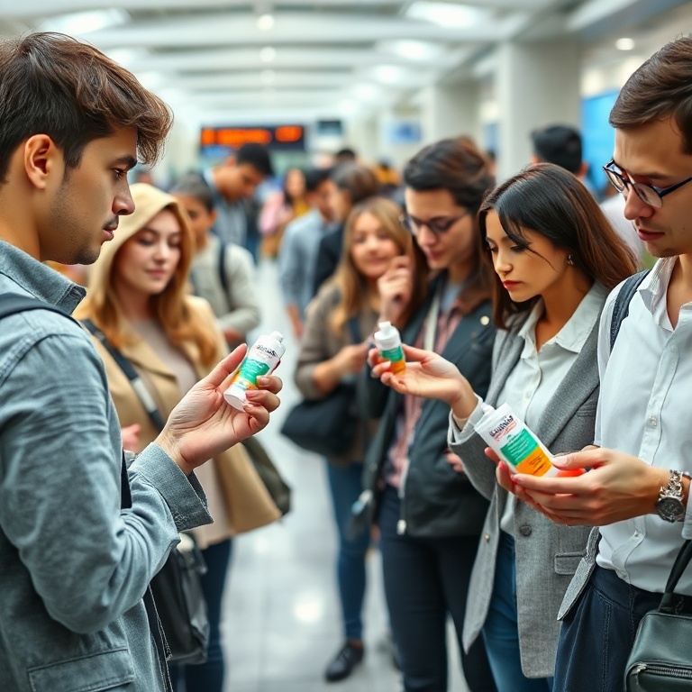 A diverse group of people in a bustling public space, such as an airport or a train station, are shown discreetly using hand