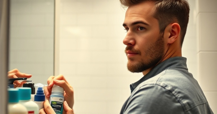 A man in a modern, well-lit bathroom, confidently selecting a bottle of hair gel from a variety of options on a shelf. He is examining the label, perhaps looking at ingredients or hold strength. The background features clean white tiles and a mirror, with a focused, discerning expression on his face. Warm, natural light, cinematic atmosphere, ultra realistic, highly detailed, 8k quality, photorealistic