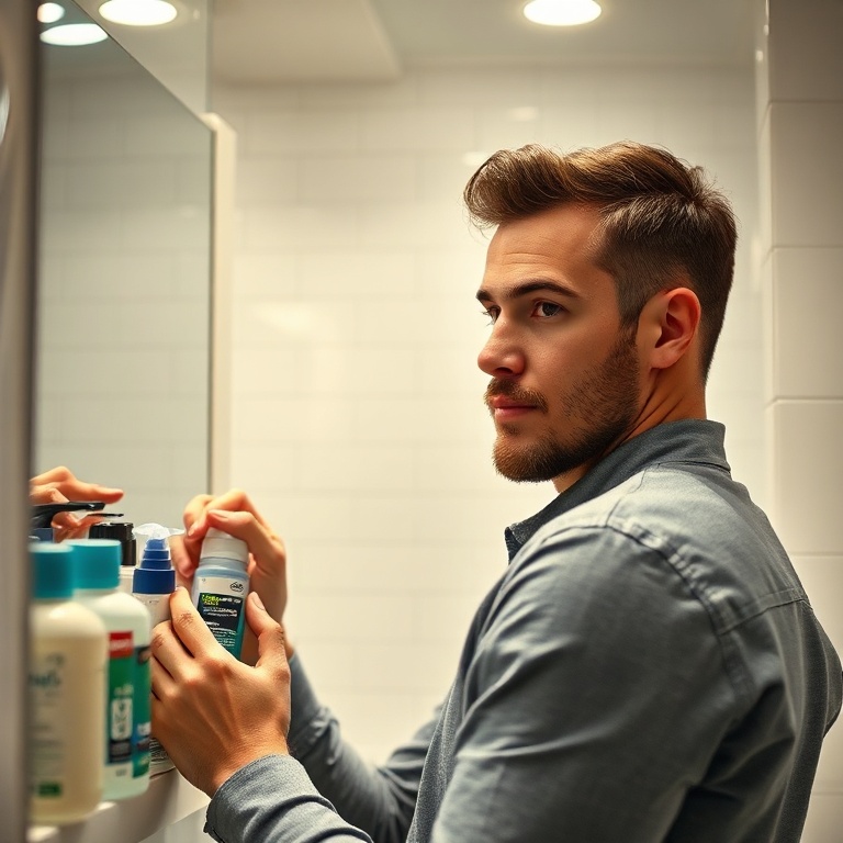 A man in a modern, well-lit bathroom, confidently selecting a bottle of hair gel from a variety of options on a shelf. He is examining the label, perhaps looking at ingredients or hold strength. The background features clean white tiles and a mirror, with a focused, discerning expression on his face. Warm, natural light, cinematic atmosphere, ultra realistic, highly detailed, 8k quality, photorealistic