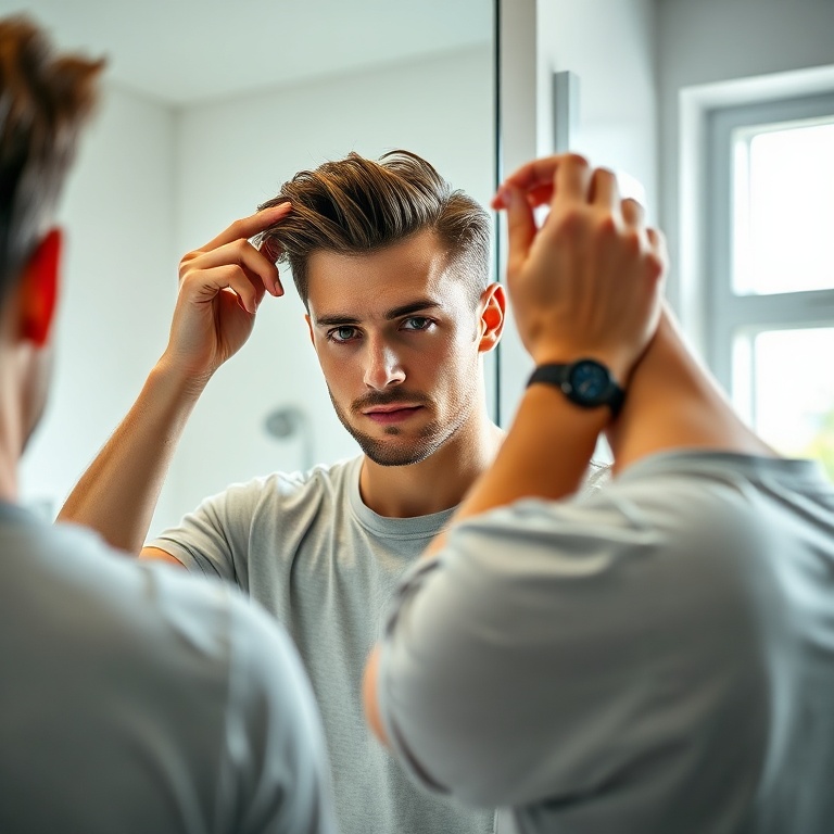 perfect - A confident man in a stylish t-shirt applying hair gel in front of a bathroom mirror. His hands are in the process