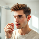 A person with short, stylish hair, applying hair gel with their fingertips, looking focused. The hair is slightly damp and styled upwards, showing texture. The background is a clean, modern bathroom with soft natural light, reflecting a sense of morning routine and self-care. The gel in their hand is clear, and the overall mood is fresh and confident, ultra realistic, highly detailed, 8k quality, photorealistic