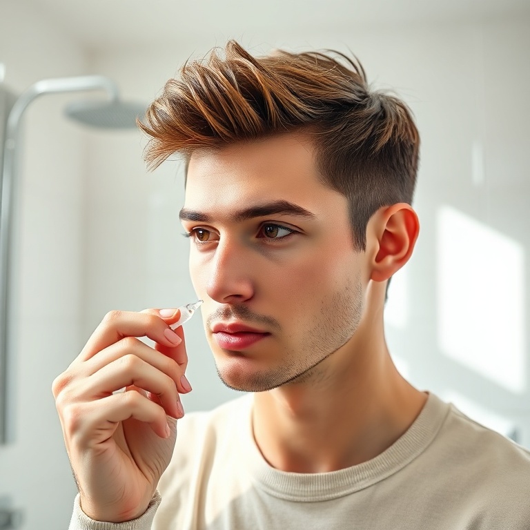 A person with short, stylish hair, applying hair gel with their fingertips, looking focused. The hair is slightly damp and styled upwards, showing texture. The background is a clean, modern bathroom with soft natural light, reflecting a sense of morning routine and self-care. The gel in their hand is clear, and the overall mood is fresh and confident, ultra realistic, highly detailed, 8k quality, photorealistic