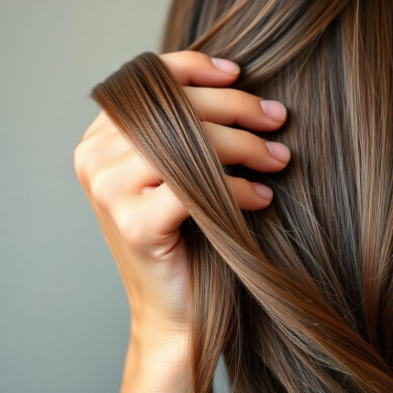 master - A close-up of a person's hand gently running through their perfectly styled, non-sticky hair, showcasing a beautiful
