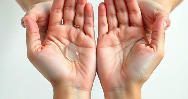 A close-up shot of hands demonstrating the 7-step hand sanitizing technique with alcohol gel. A small amount of clear gel is visible on the palms, and the hands are actively rubbing, showing each distinct step from palm-to-palm to fingertips. The background is clean and bright, suggesting a hygienic environment. Soft, natural lighting, ultra realistic, highly detailed, educational, photorealistic