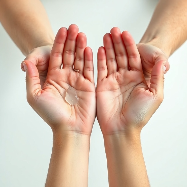 A close-up shot of hands demonstrating the 7-step hand sanitizing technique with alcohol gel. A small amount of clear gel is visible on the palms, and the hands are actively rubbing, showing each distinct step from palm-to-palm to fingertips. The background is clean and bright, suggesting a hygienic environment. Soft, natural lighting, ultra realistic, highly detailed, educational, photorealistic