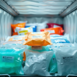 A close-up, high-detail shot of various advanced medical gel packs in different sizes and colors, showcasing their robust, non-toxic packaging. Some packs are semi-transparent, revealing the gel-like phase change material inside. They are arranged in an insulated shipping container with temperature monitoring labels visible, suggesting precision and care in cold chain logistics. The lighting is bright and clean, emphasizing the scientific and sterile nature of the products. The background is a blurred, modern laboratory or sterile warehouse environment. Educational, technical, ultra realistic, highly detailed, 8k quality, photorealistic