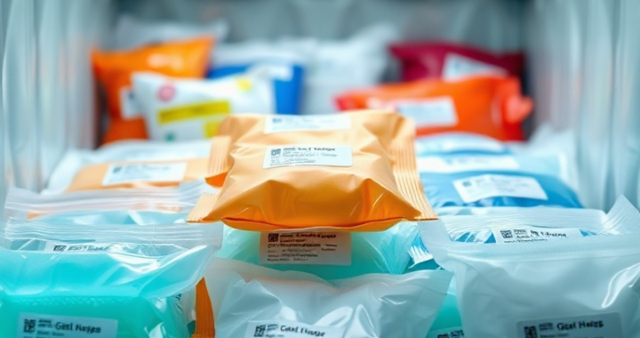 A close-up, high-detail shot of various advanced medical gel packs in different sizes and colors, showcasing their robust, non-toxic packaging. Some packs are semi-transparent, revealing the gel-like phase change material inside. They are arranged in an insulated shipping container with temperature monitoring labels visible, suggesting precision and care in cold chain logistics. The lighting is bright and clean, emphasizing the scientific and sterile nature of the products. The background is a blurred, modern laboratory or sterile warehouse environment. Educational, technical, ultra realistic, highly detailed, 8k quality, photorealistic