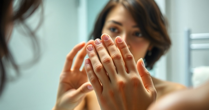 A person with medium-length dark hair, looking at themselves in a mirror, carefully applying a small amount of hair gel to their fingertips. The bathroom is brightly lit, with a clean, modern aesthetic. Focus on the hands and hair, showing a gentle, precise motion. Soft, natural lighting, high detail, photorealistic.