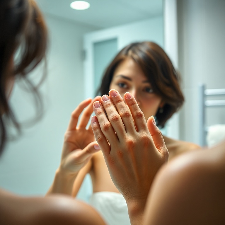 A person with medium-length dark hair, looking at themselves in a mirror, carefully applying a small amount of hair gel to their fingertips. The bathroom is brightly lit, with a clean, modern aesthetic. Focus on the hands and hair, showing a gentle, precise motion. Soft, natural lighting, high detail, photorealistic.