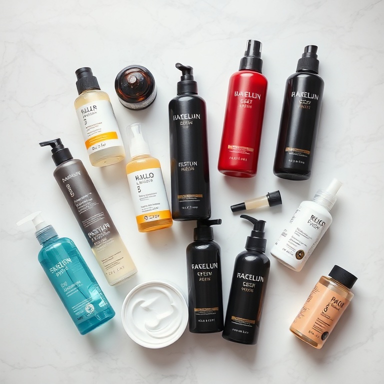 A collection of various hair styling products including different types of hair gels, hairsprays, and serums, neatly arranged