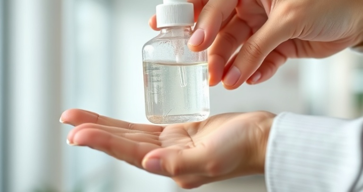 A person's hand dispensing clear alcohol gel onto their palm, ready to begin the hand sanitizing process. The setting is clean and modern, with soft, natural lighting. Focus on the hands and the gel, showing a clear, viscous texture. Educational, close-up shot, high detail, photorealistic.