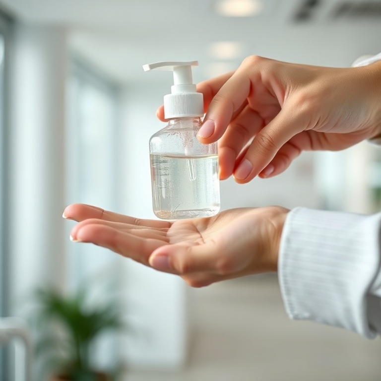 A person's hand dispensing clear alcohol gel onto their palm, ready to begin the hand sanitizing process. The setting is clean and modern, with soft, natural lighting. Focus on the hands and the gel, showing a clear, viscous texture. Educational, close-up shot, high detail, photorealistic.