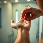 A male hand squeezing a small, pea-sized amount of clear hair gel onto his palm, in a modern bathroom setting with soft lighting, focus on the hand and gel, natural skin tones, highly detailed, cinematic, soft bokeh background