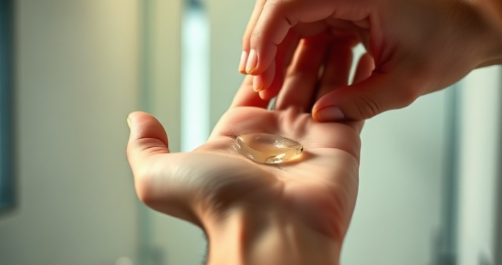A male hand squeezing a small, pea-sized amount of clear hair gel onto his palm, in a modern bathroom setting with soft lighting, focus on the hand and gel, natural skin tones, highly detailed, cinematic, soft bokeh background
