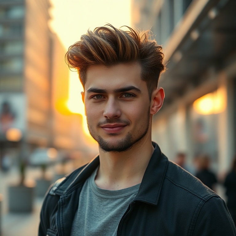 A confident young man with perfectly styled, natural-looking hair, smiling slightly, standing in a modern urban setting durin