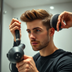 A man in his late 20s with short, stylish hair, expertly blow-drying his hair with a hairdryer and a round brush in a modern bathroom, focusing on adding volume. The scene is well-lit, showing detailed hair texture and a confident expression. Cinematic atmosphere, ultra realistic, highly detailed, 8k quality, photorealistic
