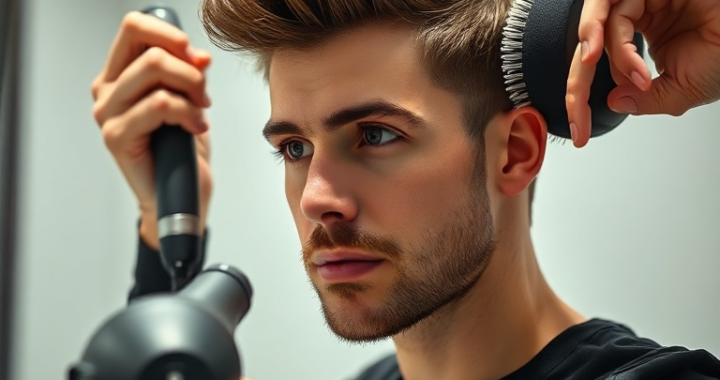 A man in his late 20s with short, stylish hair, expertly blow-drying his hair with a hairdryer and a round brush in a modern bathroom, focusing on adding volume. The scene is well-lit, showing detailed hair texture and a confident expression. Cinematic atmosphere, ultra realistic, highly detailed, 8k quality, photorealistic