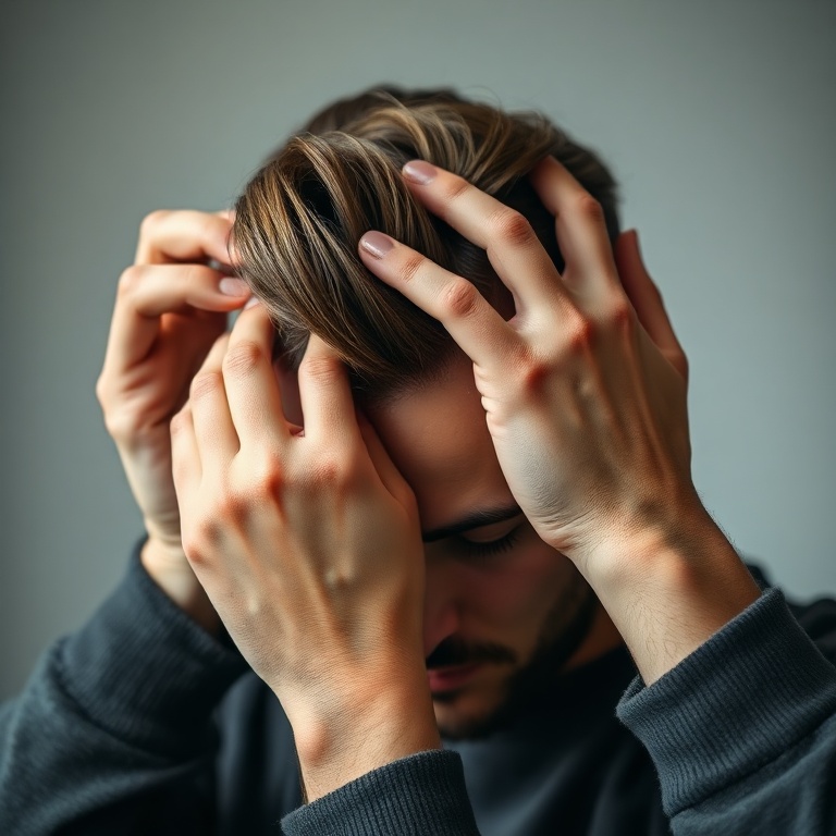 A close-up of a man's hands applying hair gel to his short, styled hair. His fingers are delicately shaping the hair, showcas