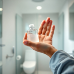 A person holding a small bottle of hand sanitizer, preparing to squeeze some gel onto their palm. The background is slightly blurred, showing a clean, modern bathroom or office setting. The lighting is bright and natural, emphasizing hygiene. Focus on the hands and the gel bottle, with a clean and educational mood, high-resolution, photorealistic.