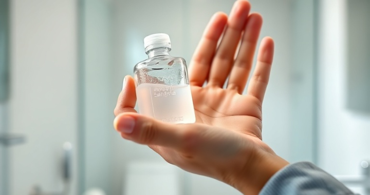 A person holding a small bottle of hand sanitizer, preparing to squeeze some gel onto their palm. The background is slightly blurred, showing a clean, modern bathroom or office setting. The lighting is bright and natural, emphasizing hygiene. Focus on the hands and the gel bottle, with a clean and educational mood, high-resolution, photorealistic.