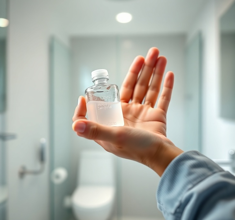 A person holding a small bottle of hand sanitizer, preparing to squeeze some gel onto their palm. The background is slightly blurred, showing a clean, modern bathroom or office setting. The lighting is bright and natural, emphasizing hygiene. Focus on the hands and the gel bottle, with a clean and educational mood, high-resolution, photorealistic.