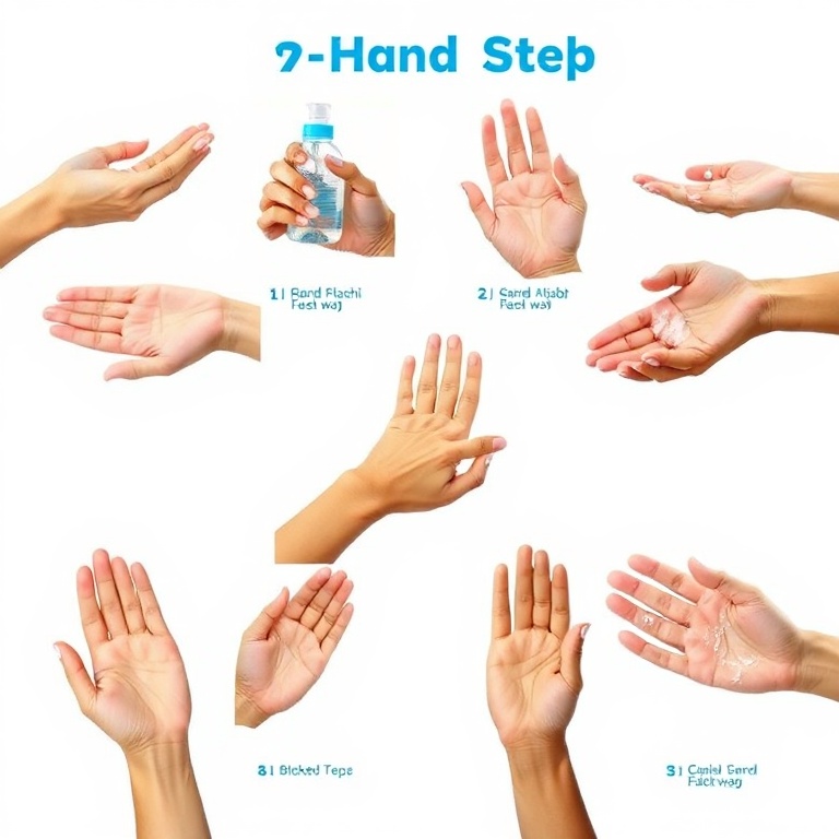 essential - A detailed sequence of 7 hand-washing steps using alcohol gel, shown as a clear infographic or a series of hands