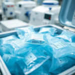 A close-up, high-angle shot of various medical-grade gel packs in different sizes, some still frozen and frosty, nestled securely within an insulated pharmaceutical shipping container. The background shows a blurred, sterile laboratory environment with precision equipment. The gel packs are translucent blue and white, with clear labeling. Focus is sharp on the texture of the frozen packs, illustrating their robust and specialized design. The mood is scientific and precise, with cool blue and white tones, ultra realistic, highly detailed, 8k quality, photorealistic
