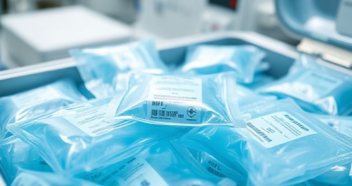 A close-up, high-angle shot of various medical-grade gel packs in different sizes, some still frozen and frosty, nestled securely within an insulated pharmaceutical shipping container. The background shows a blurred, sterile laboratory environment with precision equipment. The gel packs are translucent blue and white, with clear labeling. Focus is sharp on the texture of the frozen packs, illustrating their robust and specialized design. The mood is scientific and precise, with cool blue and white tones, ultra realistic, highly detailed, 8k quality, photorealistic