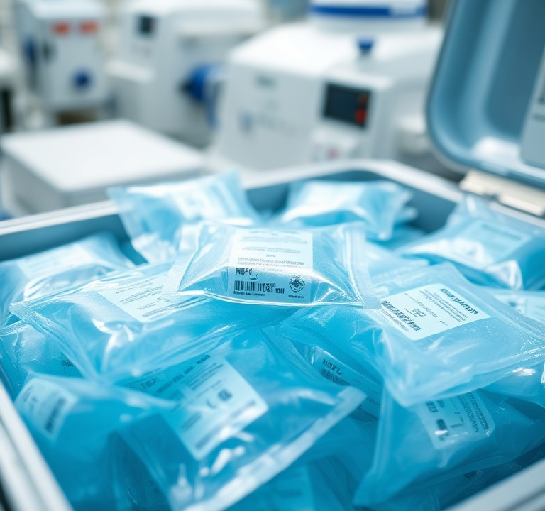A close-up, high-angle shot of various medical-grade gel packs in different sizes, some still frozen and frosty, nestled securely within an insulated pharmaceutical shipping container. The background shows a blurred, sterile laboratory environment with precision equipment. The gel packs are translucent blue and white, with clear labeling. Focus is sharp on the texture of the frozen packs, illustrating their robust and specialized design. The mood is scientific and precise, with cool blue and white tones, ultra realistic, highly detailed, 8k quality, photorealistic