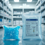 A detailed close-up shot showing two types of cold packs side-by-side. On the left, a standard blue ice pack with visible frost, slightly bulging, indicating frozen water. On the right, a sleek, medical-grade gel pack, labeled with temperature range indicators (e.g., +2°C to +8°C), with a smooth, firm texture, no visible frost, and a professional, sterile appearance. The background is a clean, modern laboratory or medical storage facility, with blurred shelves of carefully organized pharmaceutical packaging, bathed in cool, controlled lighting. The mood is educational and precise, highlighting the contrast and superior engineering of the medical gel pack for applications beyond simple cooling, emphasizing safety and efficacy, photorealistic, ultra detailed, 8k quality.