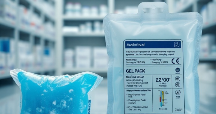 A detailed close-up shot showing two types of cold packs side-by-side. On the left, a standard blue ice pack with visible frost, slightly bulging, indicating frozen water. On the right, a sleek, medical-grade gel pack, labeled with temperature range indicators (e.g., +2°C to +8°C), with a smooth, firm texture, no visible frost, and a professional, sterile appearance. The background is a clean, modern laboratory or medical storage facility, with blurred shelves of carefully organized pharmaceutical packaging, bathed in cool, controlled lighting. The mood is educational and precise, highlighting the contrast and superior engineering of the medical gel pack for applications beyond simple cooling, emphasizing safety and efficacy, photorealistic, ultra detailed, 8k quality.