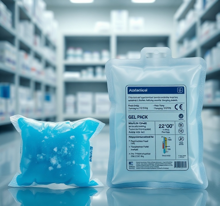 A detailed close-up shot showing two types of cold packs side-by-side. On the left, a standard blue ice pack with visible frost, slightly bulging, indicating frozen water. On the right, a sleek, medical-grade gel pack, labeled with temperature range indicators (e.g., +2°C to +8°C), with a smooth, firm texture, no visible frost, and a professional, sterile appearance. The background is a clean, modern laboratory or medical storage facility, with blurred shelves of carefully organized pharmaceutical packaging, bathed in cool, controlled lighting. The mood is educational and precise, highlighting the contrast and superior engineering of the medical gel pack for applications beyond simple cooling, emphasizing safety and efficacy, photorealistic, ultra detailed, 8k quality.