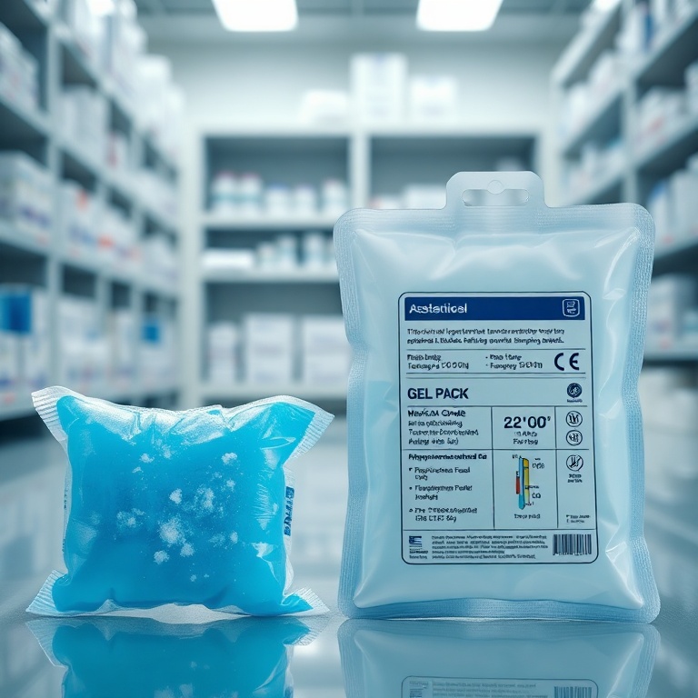A detailed close-up shot showing two types of cold packs side-by-side. On the left, a standard blue ice pack with visible frost, slightly bulging, indicating frozen water. On the right, a sleek, medical-grade gel pack, labeled with temperature range indicators (e.g., +2°C to +8°C), with a smooth, firm texture, no visible frost, and a professional, sterile appearance. The background is a clean, modern laboratory or medical storage facility, with blurred shelves of carefully organized pharmaceutical packaging, bathed in cool, controlled lighting. The mood is educational and precise, highlighting the contrast and superior engineering of the medical gel pack for applications beyond simple cooling, emphasizing safety and efficacy, photorealistic, ultra detailed, 8k quality.