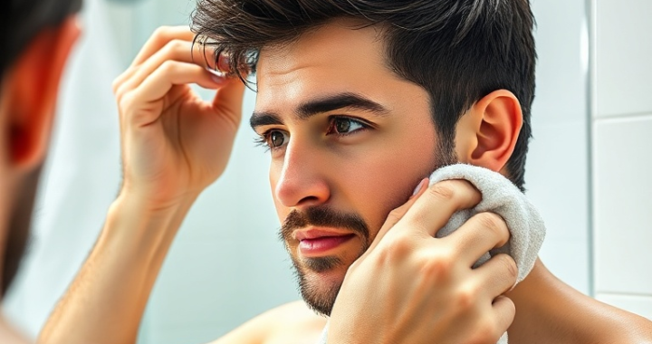 A man gently towel-drying his short, dark hair after a shower, looking at his reflection in a bathroom mirror. The hair is damp, not dripping wet. Soft, natural light. Focus on the hair and hands. Educational tone, highly detailed, photorealistic, 8k quality.