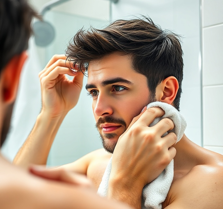 A man gently towel-drying his short, dark hair after a shower, looking at his reflection in a bathroom mirror. The hair is damp, not dripping wet. Soft, natural light. Focus on the hair and hands. Educational tone, highly detailed, photorealistic, 8k quality.