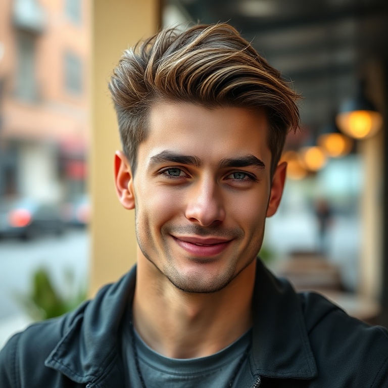 A confident young man with a stylish, well-groomed haircut, his hair looking natural and flexible, not stiff. He is smiling s