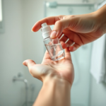 A close-up shot of a hand squeezing an appropriate amount of clear alcohol gel onto the palm, with a clean, minimalist bathroom background. The lighting is bright and natural, emphasizing hygiene and simplicity. Soft focus on the background, sharp focus on the hands and gel. Educational, clean aesthetic, high detail, photorealistic.