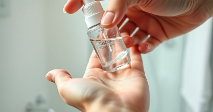 A close-up shot of a hand squeezing an appropriate amount of clear alcohol gel onto the palm, with a clean, minimalist bathroom background. The lighting is bright and natural, emphasizing hygiene and simplicity. Soft focus on the background, sharp focus on the hands and gel. Educational, clean aesthetic, high detail, photorealistic.