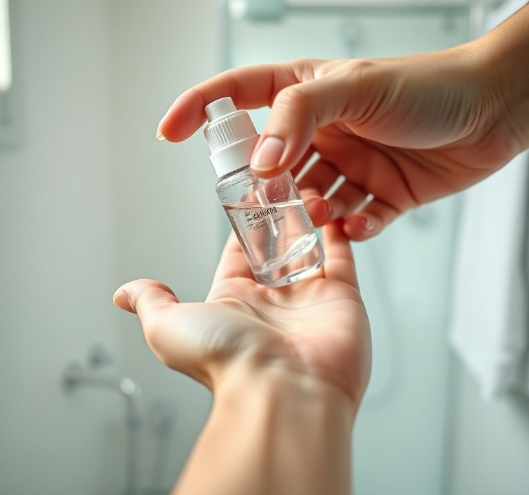 A close-up shot of a hand squeezing an appropriate amount of clear alcohol gel onto the palm, with a clean, minimalist bathroom background. The lighting is bright and natural, emphasizing hygiene and simplicity. Soft focus on the background, sharp focus on the hands and gel. Educational, clean aesthetic, high detail, photorealistic.